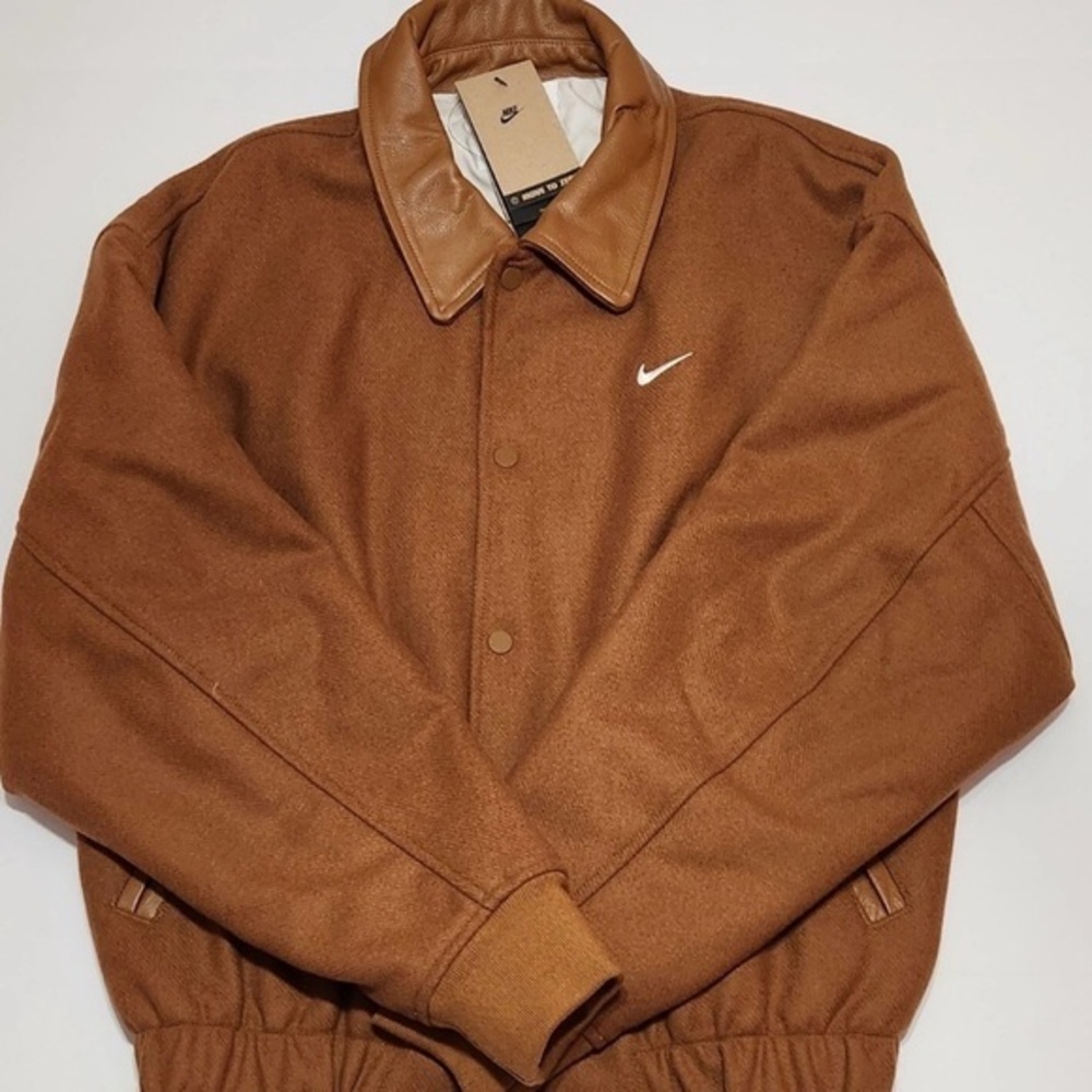 New Nike Air Varsity Jacket Wool Leather Tan Brown FZ1168 281 Men's Large Tall